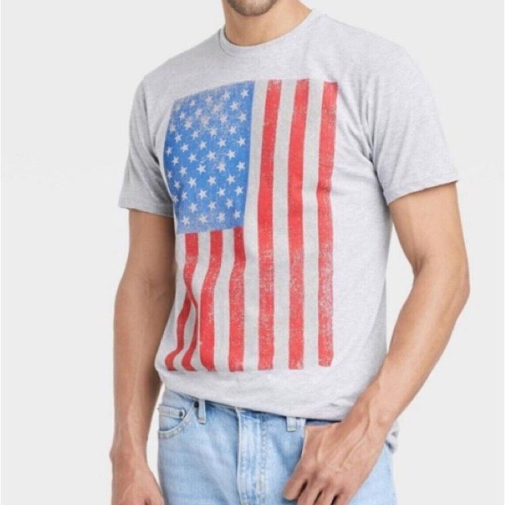 Ripple Junction Grey American Flag Print T-Shirt Cotton Blend Men's 2X New